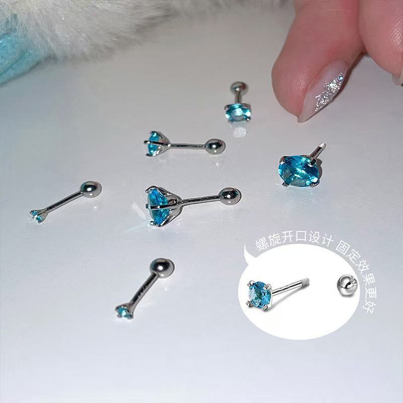 Flashing blue zircon niche design simple screw cochlear studs Internet celebrity same style