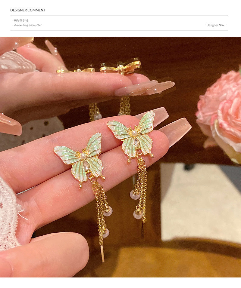 Temperament gentle butterfly long tassel light luxury niche sweet simple versatile earrings