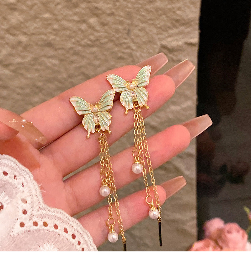 Temperament gentle butterfly long tassel light luxury niche sweet simple versatile earrings