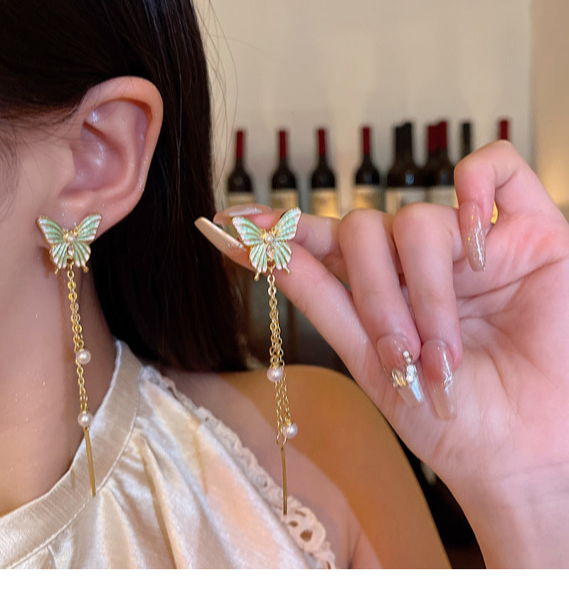 Temperament gentle butterfly long tassel light luxury niche sweet simple versatile earrings