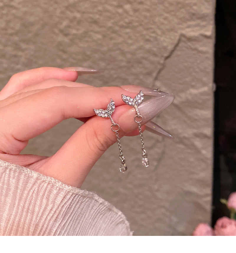 High-end long tassel super shiny full diamond fishtail versatile earrings wholesale