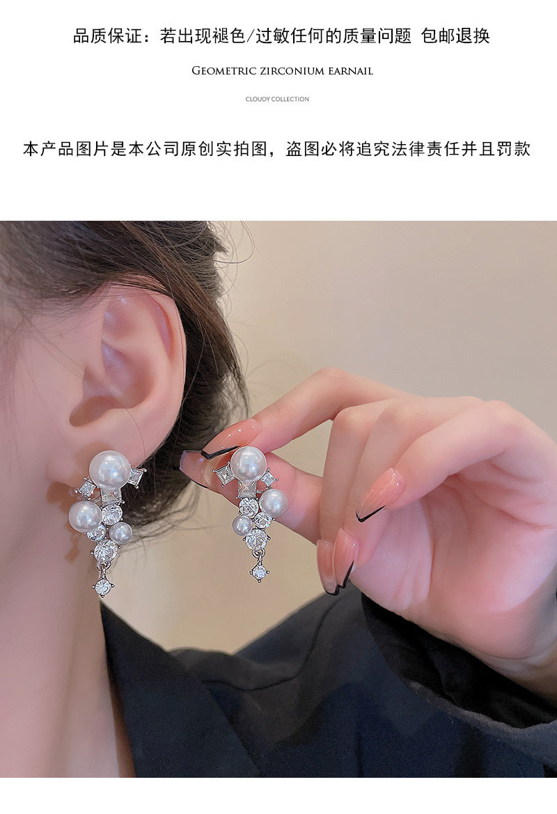 S925 silver needle high-end design exquisite zircon pearl earrings