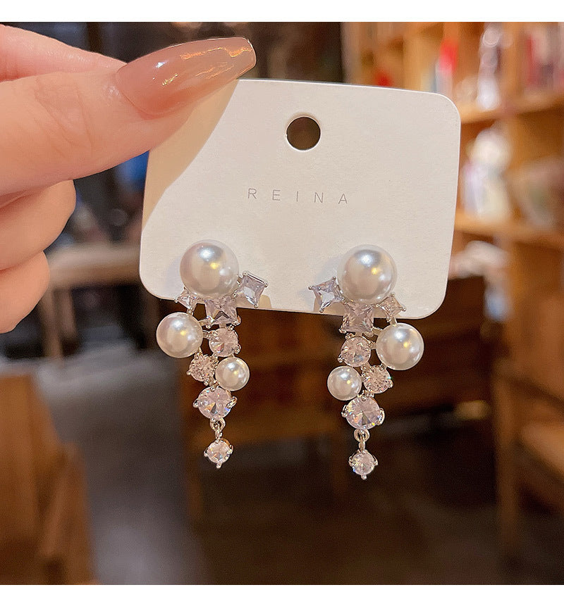 S925 silver needle high-end design exquisite zircon pearl earrings