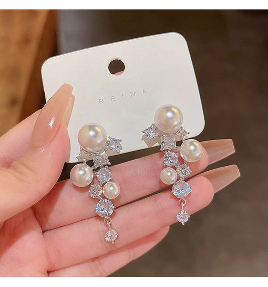 S925 silver needle high-end design exquisite zircon pearl earrings