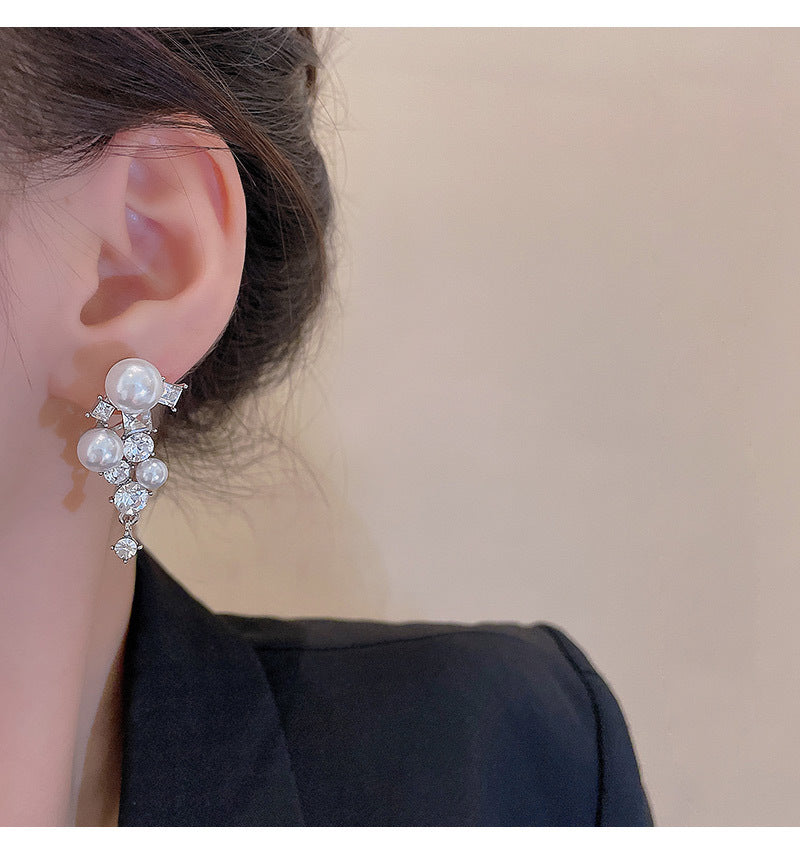 S925 silver needle high-end design exquisite zircon pearl earrings
