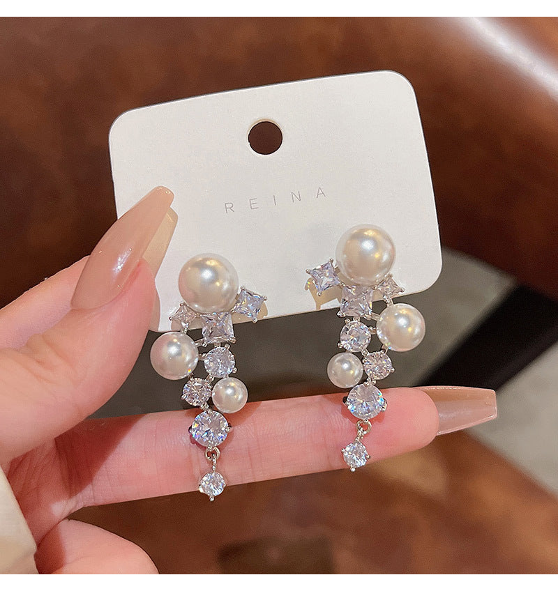 S925 silver needle high-end design exquisite zircon pearl earrings