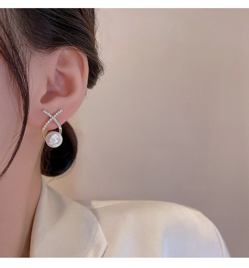 925 silver needle light luxury niche cross diamond earrings