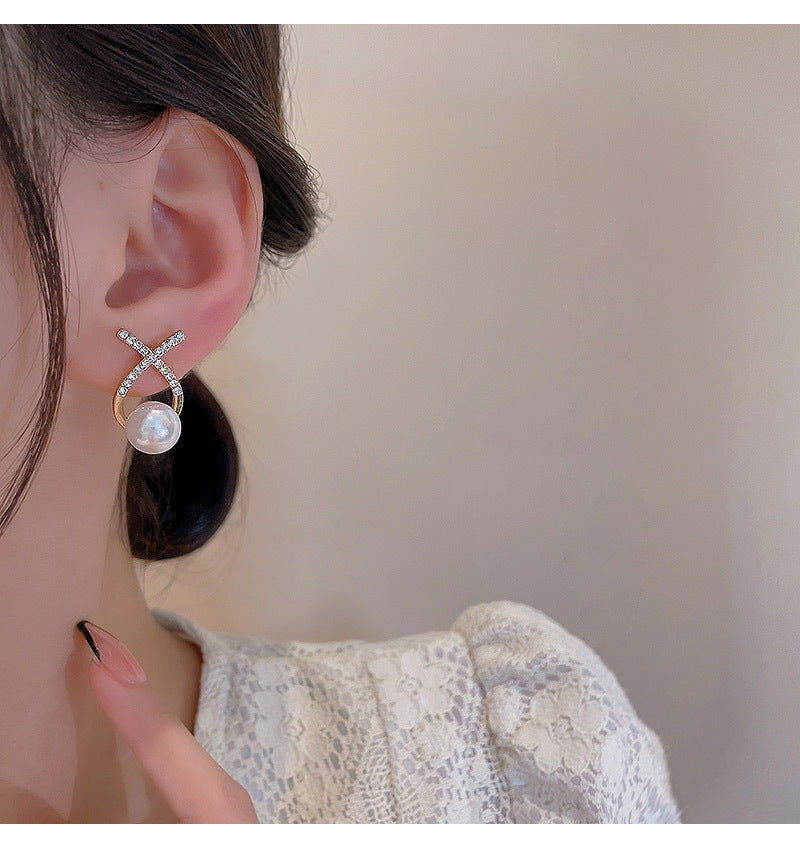 925 silver needle light luxury niche cross diamond earrings