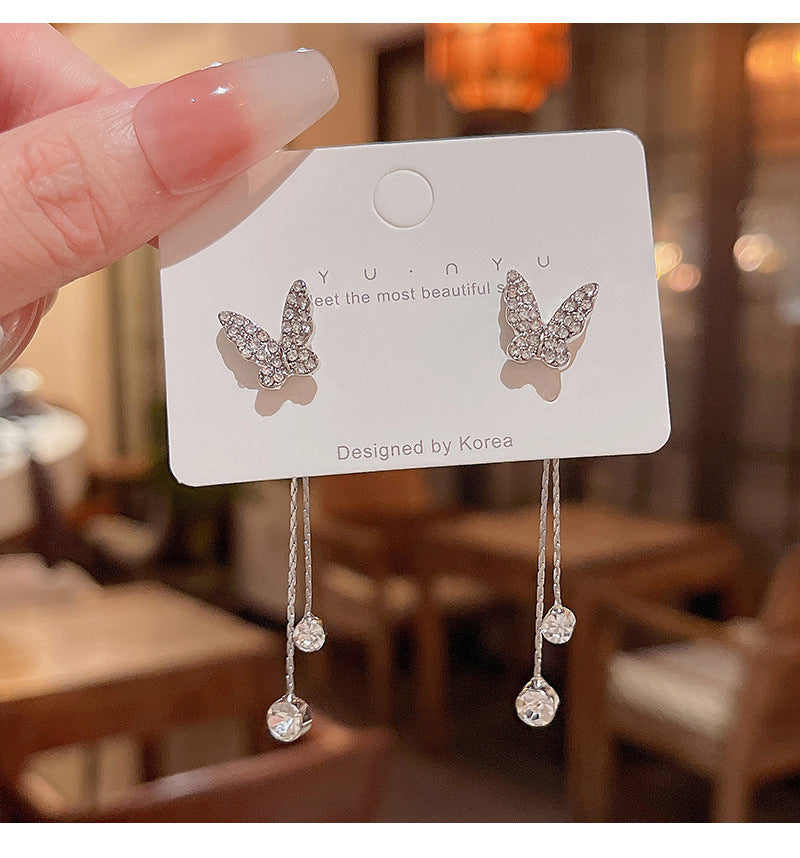 S925 silver needle long tassel butterfly zircon earrings