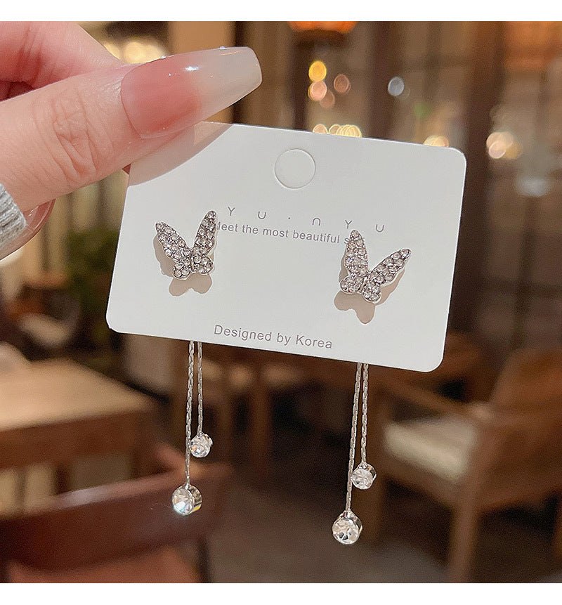 S925 silver needle long tassel butterfly zircon earrings