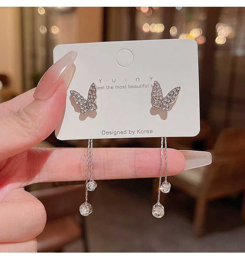 S925 silver needle long tassel butterfly zircon earrings