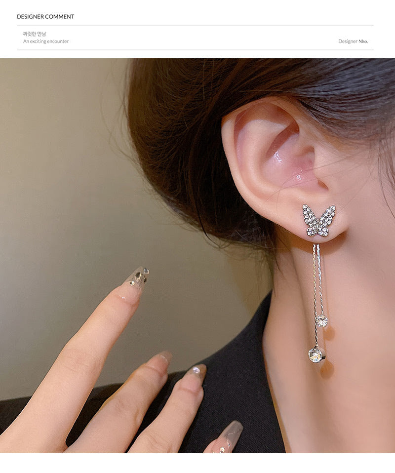 S925 silver needle long tassel butterfly zircon earrings