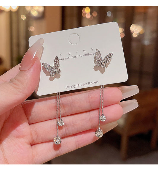 S925 silver needle long tassel butterfly zircon earrings
