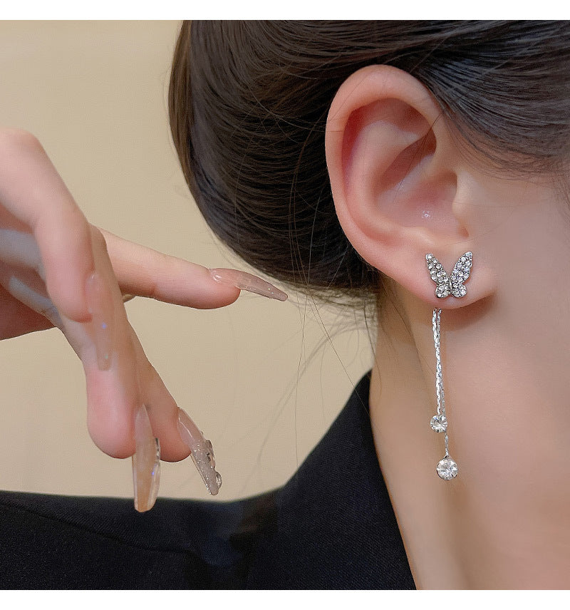 S925 silver needle long tassel butterfly zircon earrings