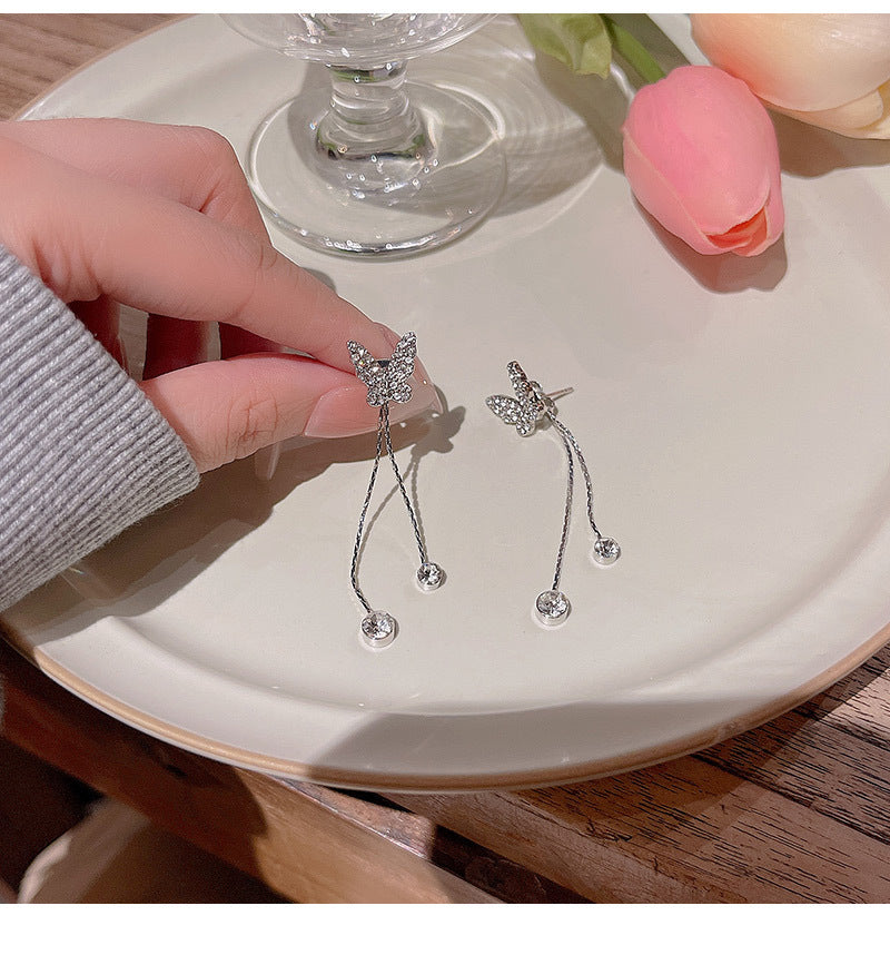 S925 silver needle long tassel butterfly zircon earrings