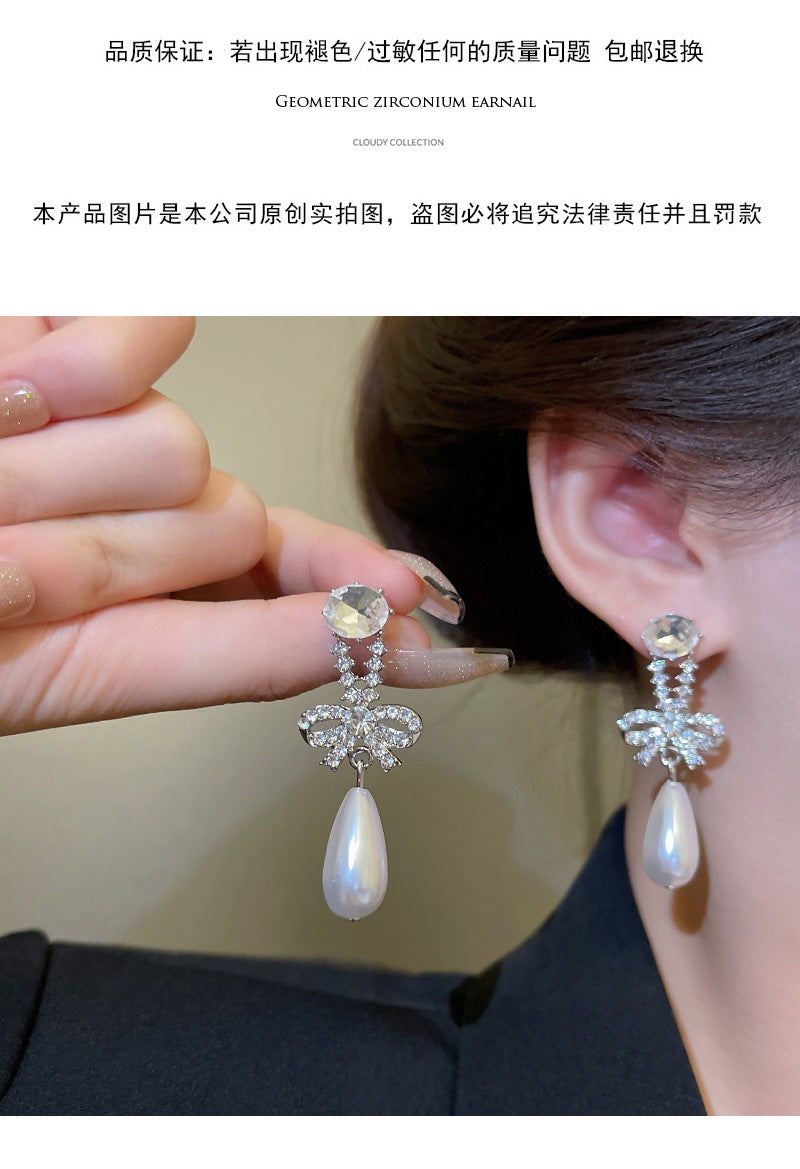 S925 silver needle light luxury niche retro temperament bow female ins diamond pearl earrings