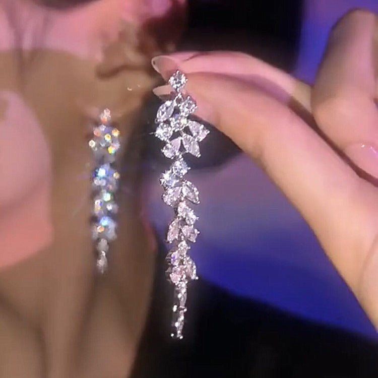 S925 silver needle European and American exaggerated long tassel zircon earrings