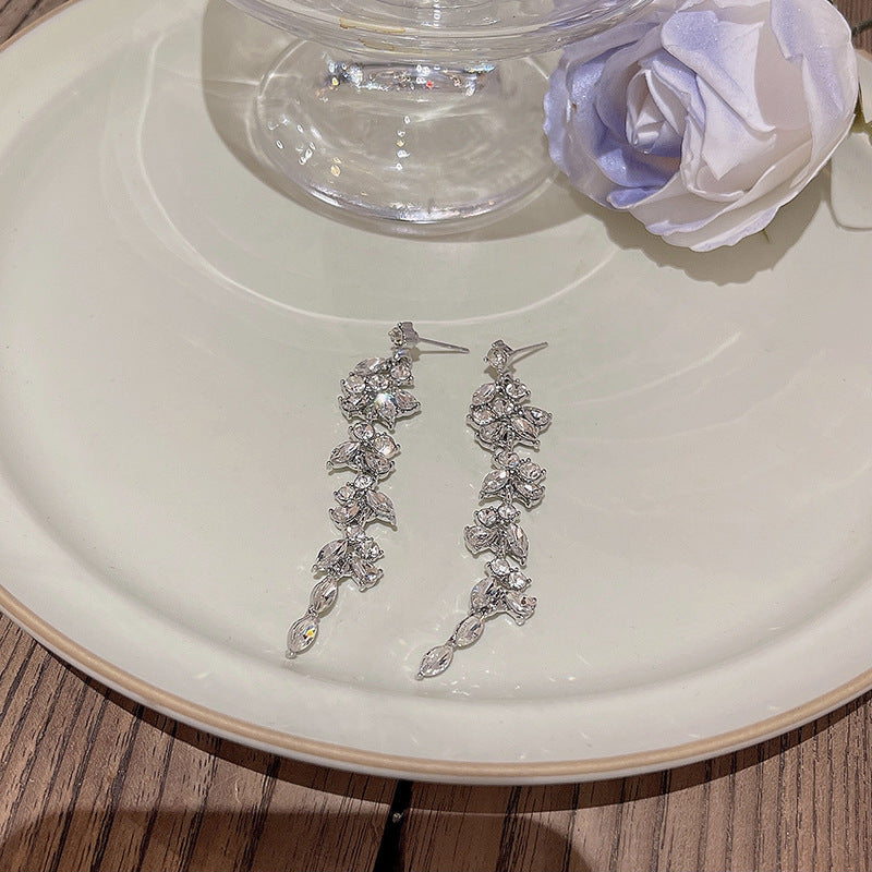 S925 silver needle European and American exaggerated long tassel zircon earrings