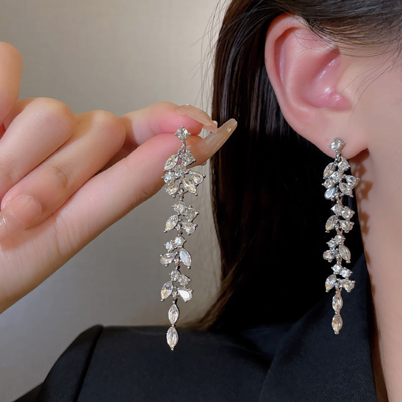 S925 silver needle European and American exaggerated long tassel zircon earrings