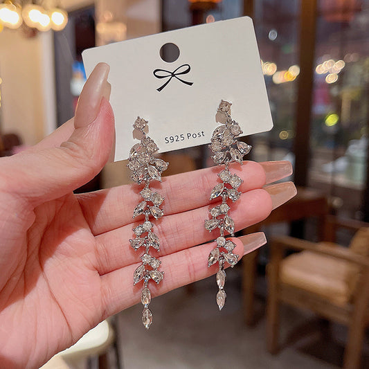 S925 silver needle European and American exaggerated long tassel zircon earrings