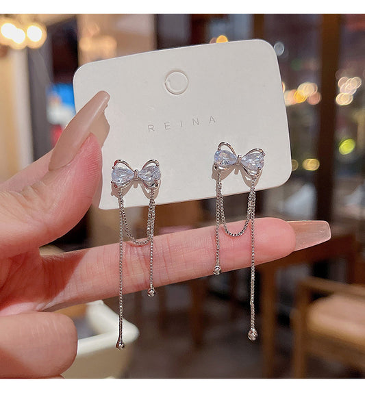 S925 silver needle Korean new exquisite zircon bow earrings