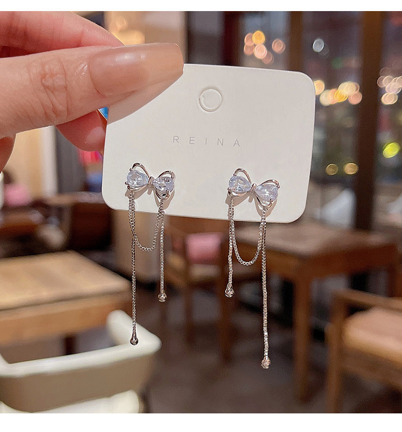 S925 silver needle Korean new exquisite zircon bow earrings