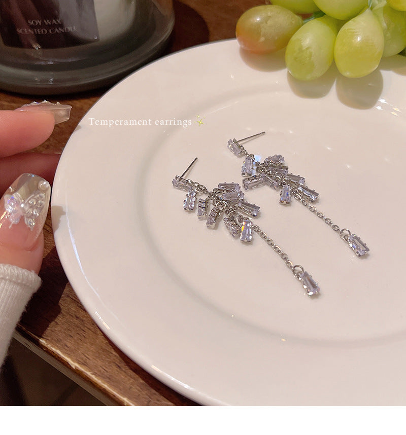 Light luxury niche super shiny zircon long tassel earrings