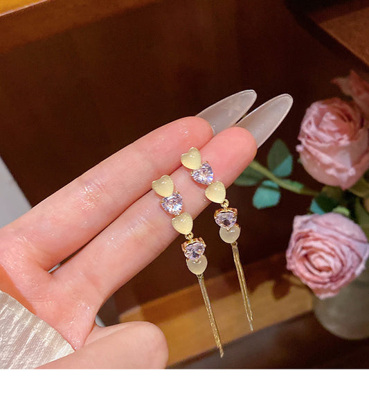 Niche high-end long tassel zircon cat's eye heart-shaped earrings
