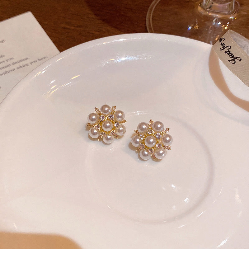 Exquisite zircon pearl flower earrings for women light luxury internet celebrity earrings