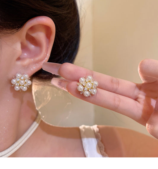 Exquisite zircon pearl flower earrings for women light luxury internet celebrity earrings