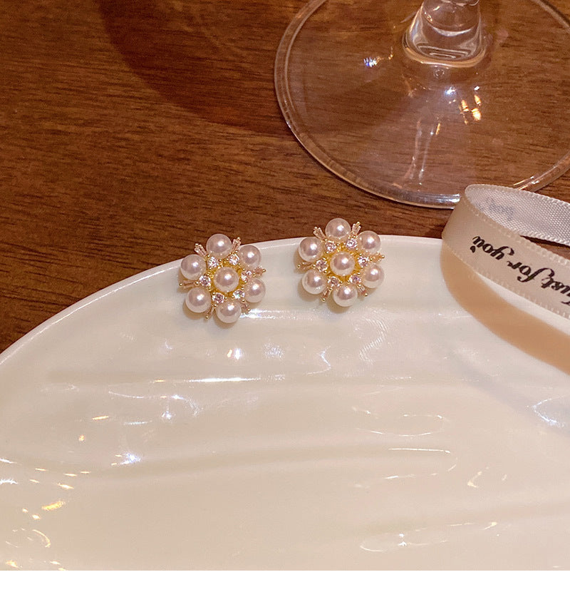 Exquisite zircon pearl flower earrings for women light luxury internet celebrity earrings