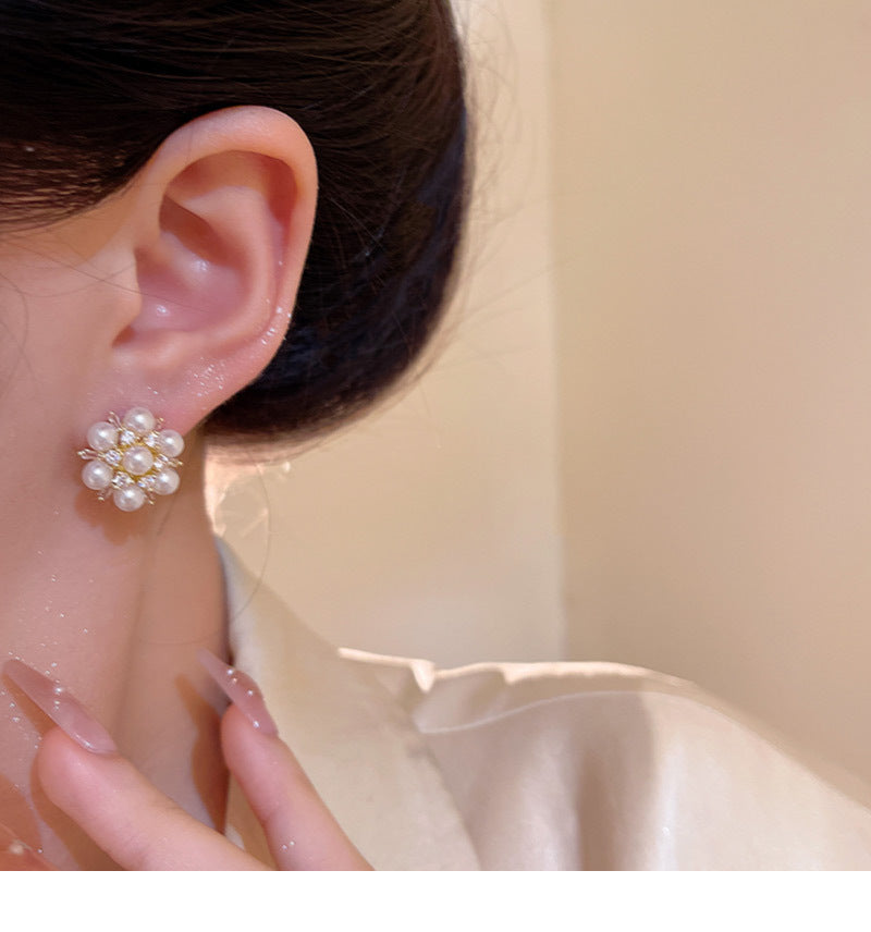 Exquisite zircon pearl flower earrings for women light luxury internet celebrity earrings