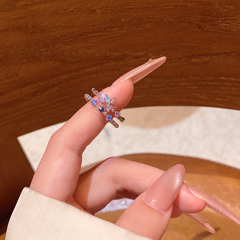New exquisite zircon flower women's ring opening adjustable versatile love ring
