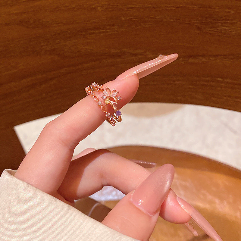 New exquisite zircon flower women's ring opening adjustable versatile love ring
