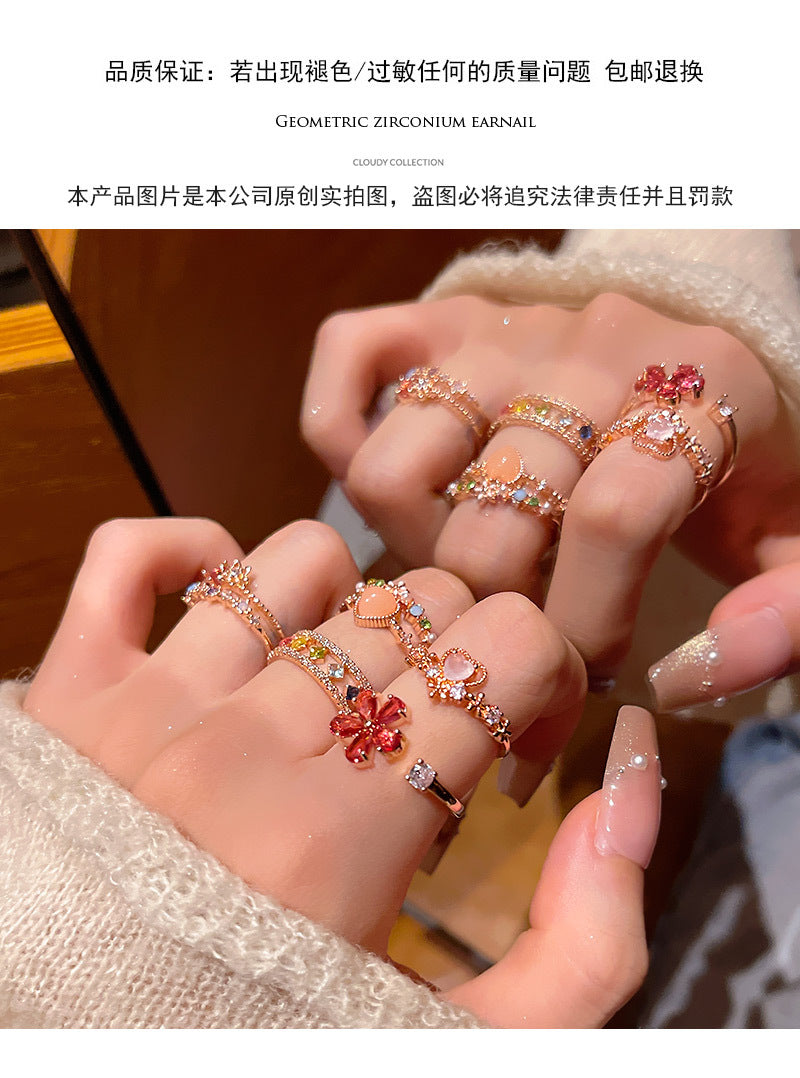 New exquisite zircon flower women's ring opening adjustable versatile love ring