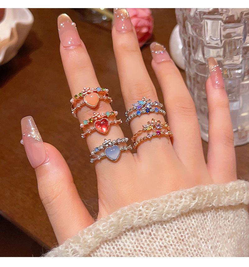 New exquisite zircon flower women's ring opening adjustable versatile love ring