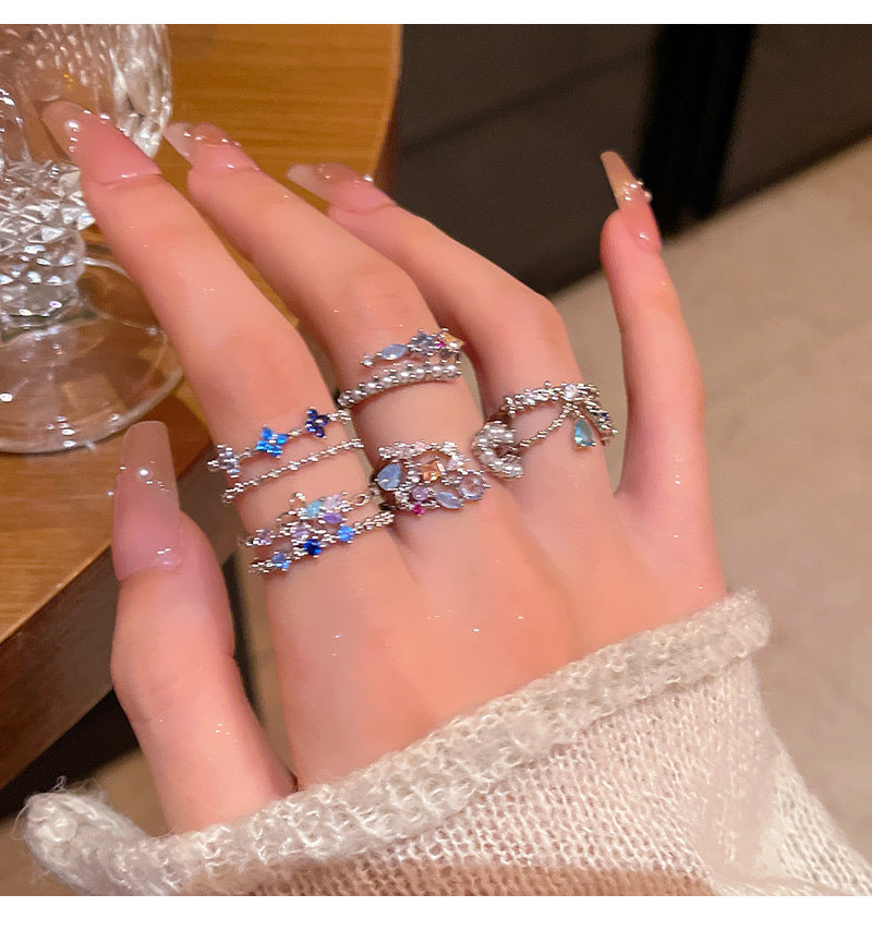 New exquisite zircon flower women's ring opening adjustable versatile love ring