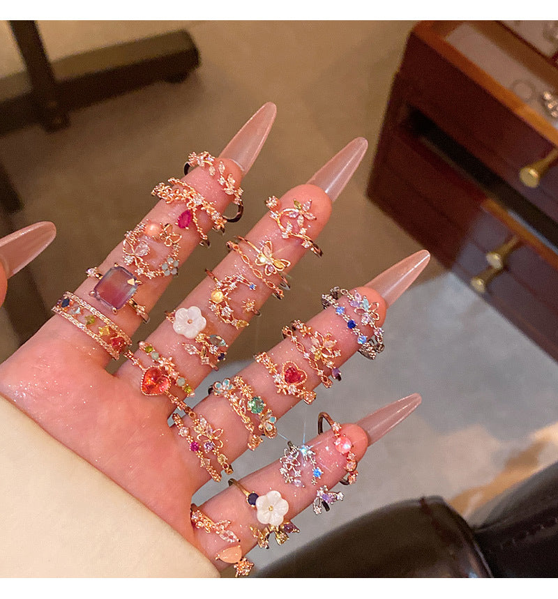 New exquisite zircon flower women's ring opening adjustable versatile love ring