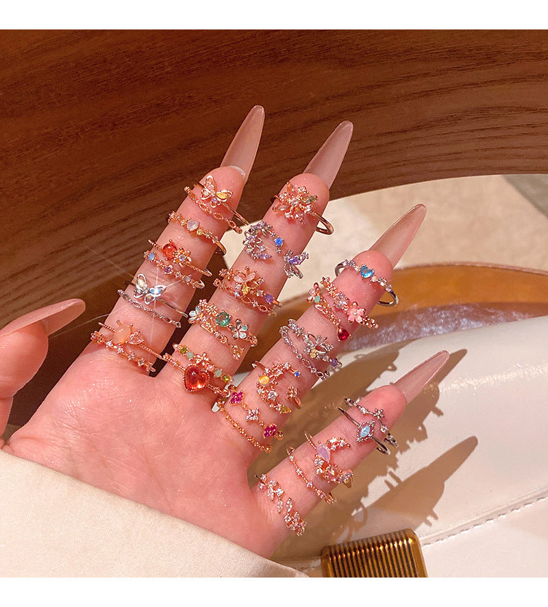 New exquisite zircon flower women's ring opening adjustable versatile love ring