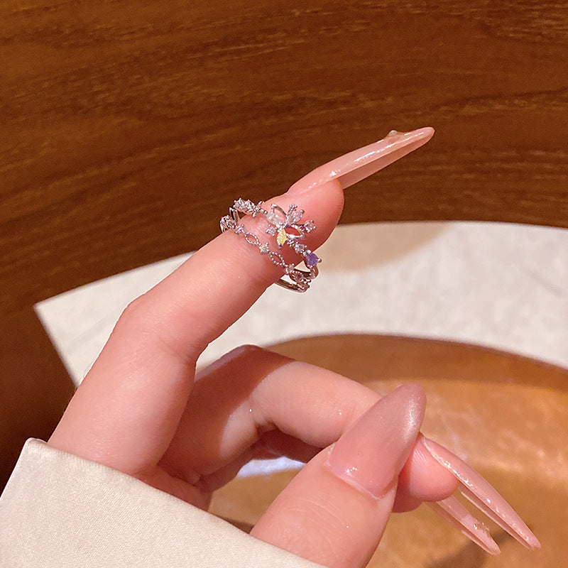 New exquisite zircon flower women's ring opening adjustable versatile love ring