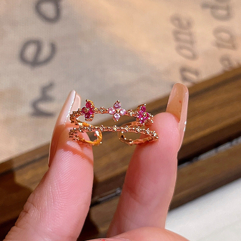 New exquisite zircon flower women's ring opening adjustable versatile love ring