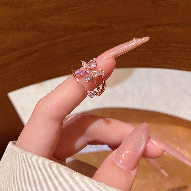 New exquisite zircon flower women's ring opening adjustable versatile love ring