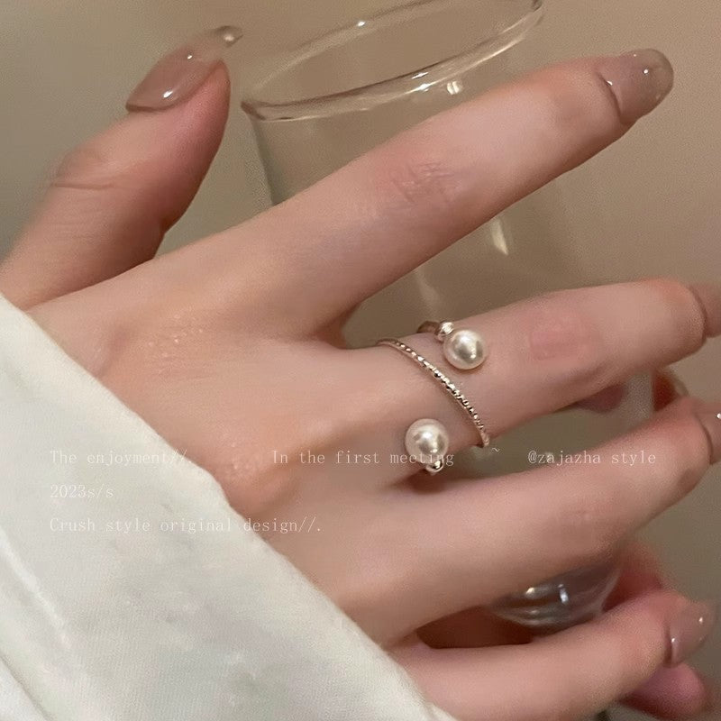 Pearl women's ring niche ins style exquisite zircon ring open ring