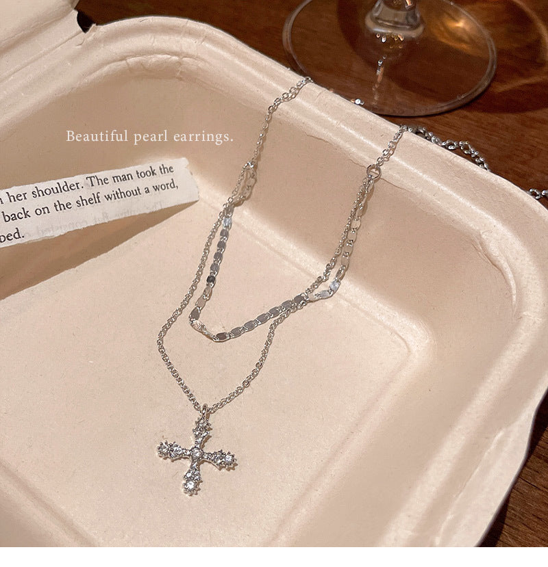 Light luxury niche super flash zircon cross necklace