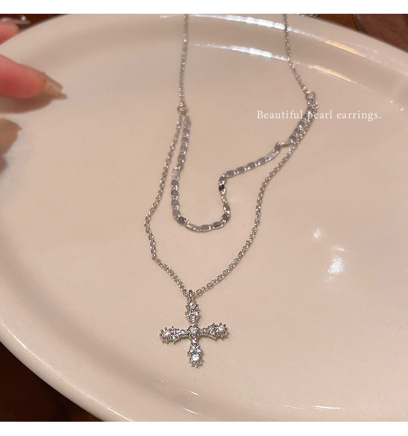 Light luxury niche super flash zircon cross necklace