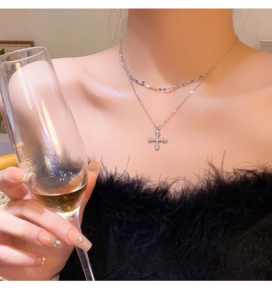 Light luxury niche super flash zircon cross necklace