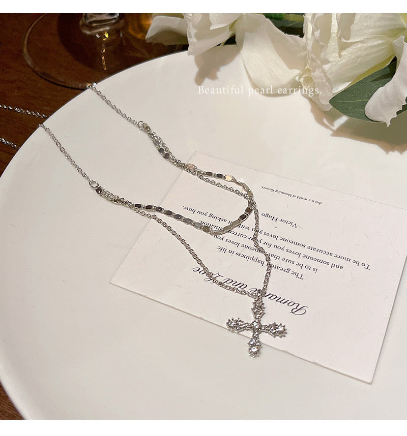 Light luxury niche super flash zircon cross necklace