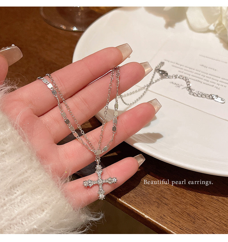 Light luxury niche super flash zircon cross necklace