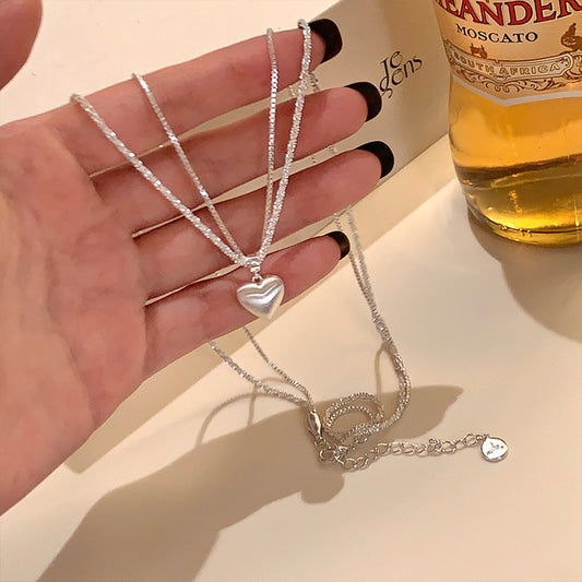 Super flash double-layer brushed heart pendant necklace