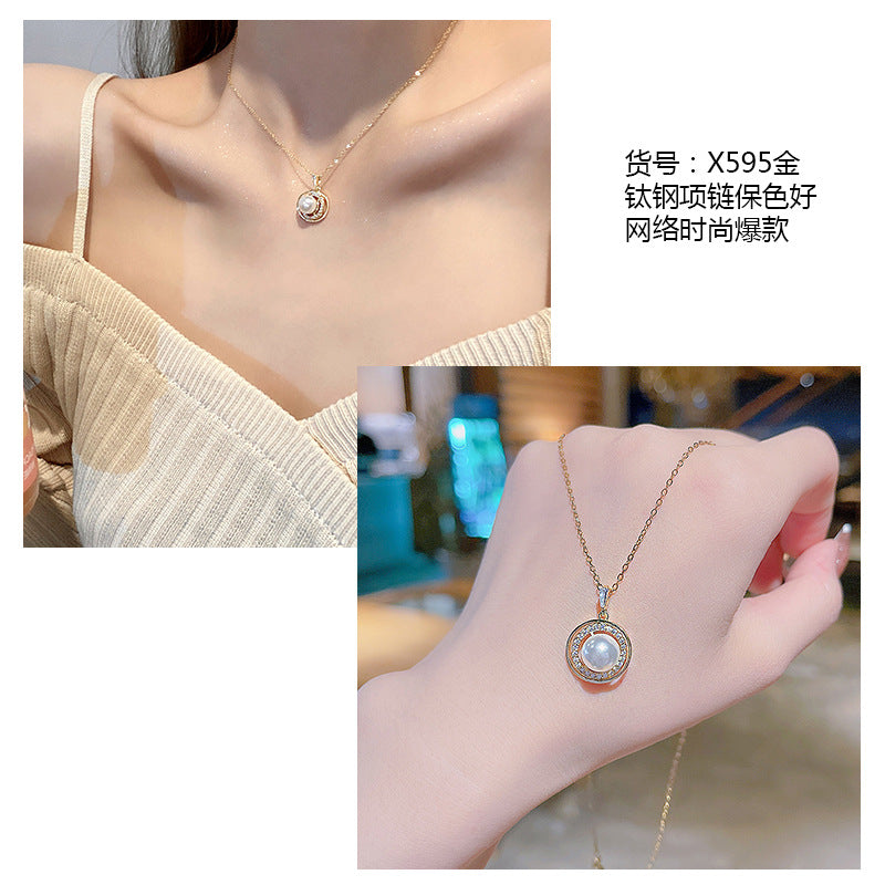 Women's series zircon imitation pearl titanium steel alloy necklace hot sale wholesale
